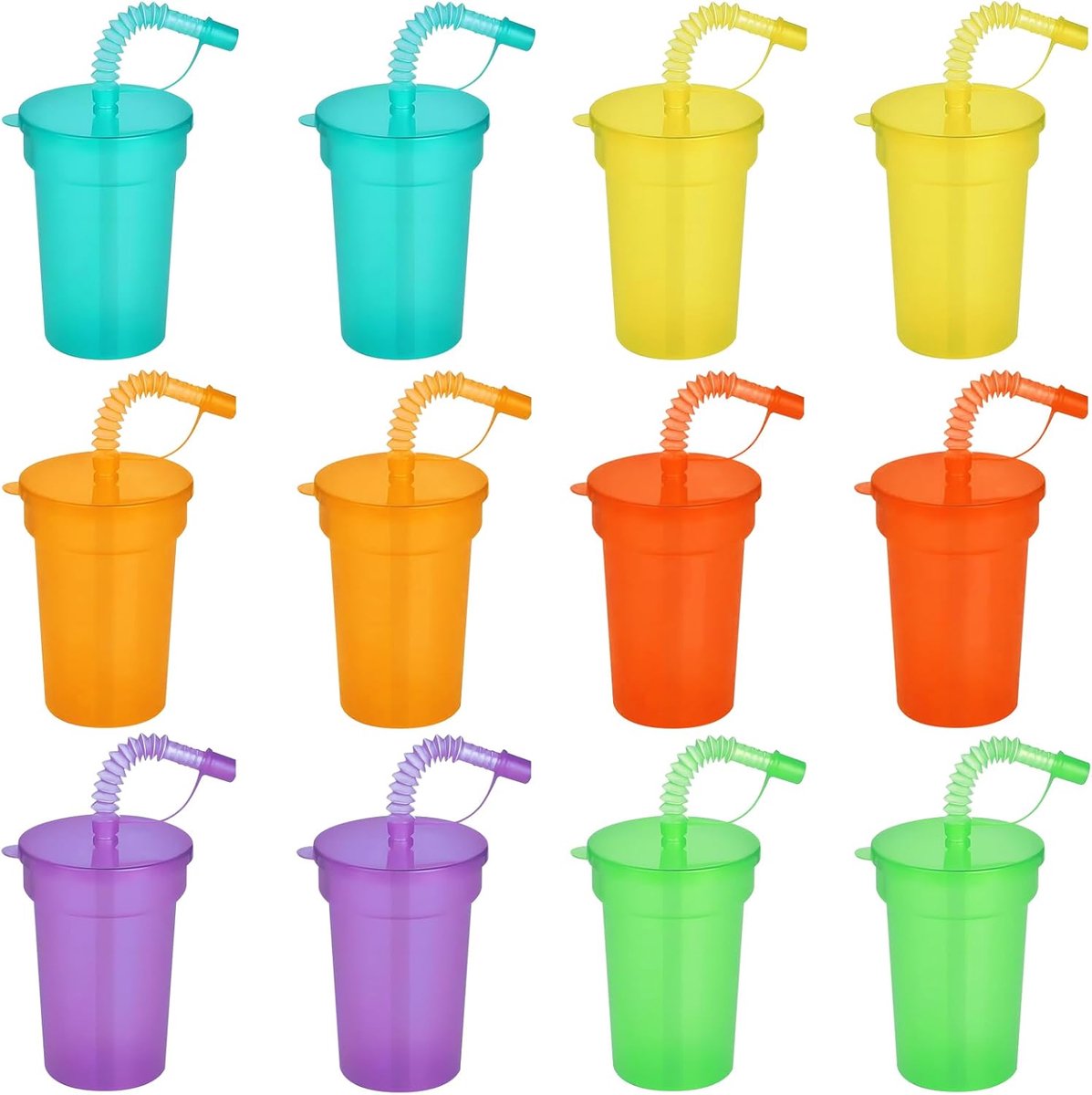 12x Kinder Drinkbekers met Deksel en Rietje - 380ml Herbruikbaar - 6 Kleuren - Feest & Koud Drinken