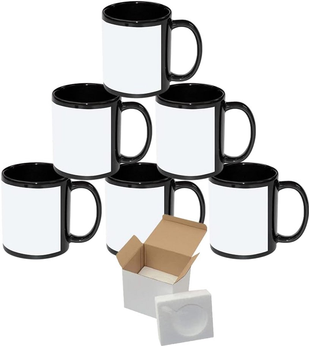Set van 6 Sublimatie Koffiemokken Zwart 330ml Keramiek met Wit Transfervlak