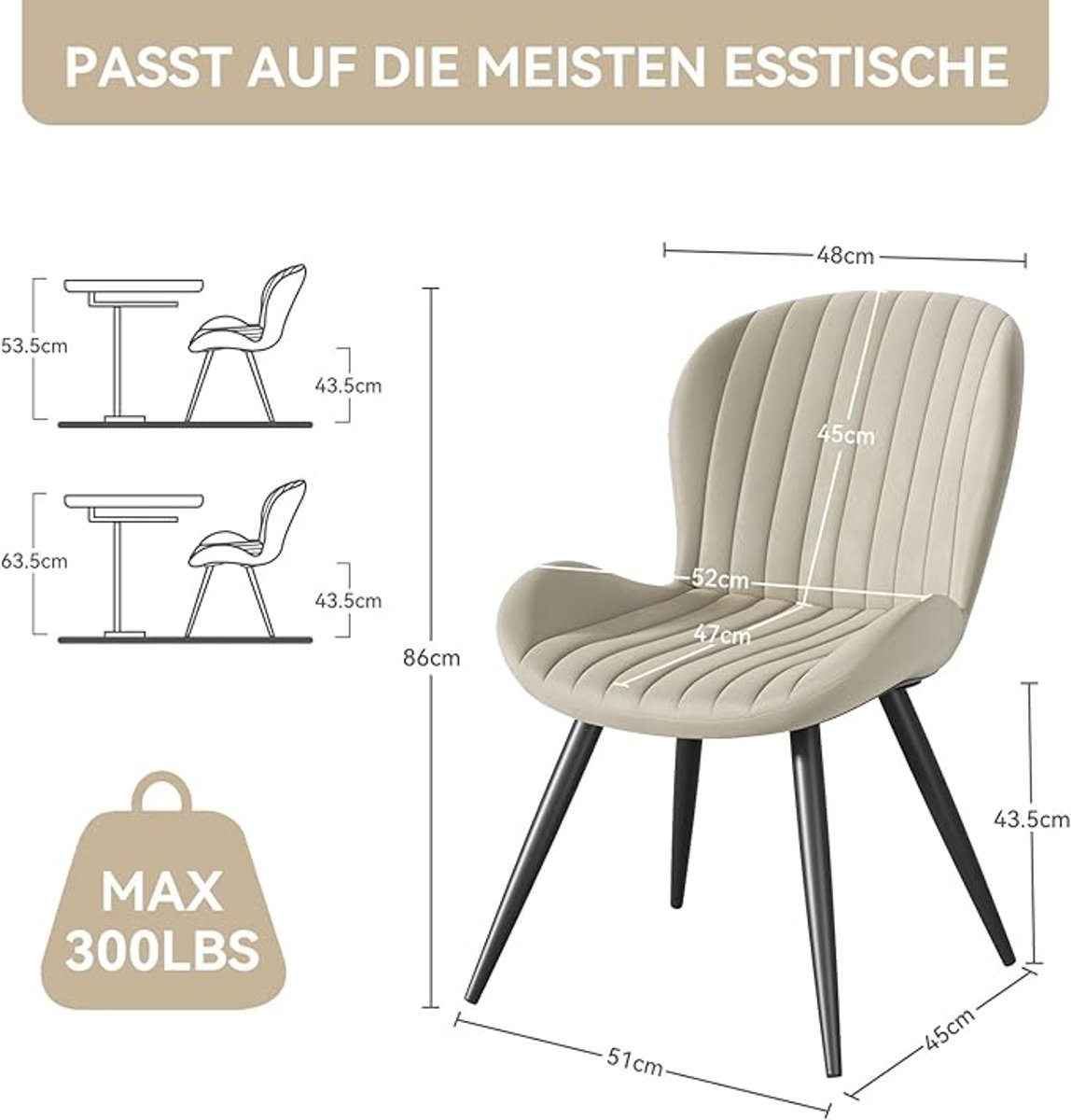 Eetkamerstoelen Set van 6 – Ergonomische Armleunstoelen met Gestoffeerde Zitting, Waterdicht Kunststof, Metalen Poten – 45 x 51 x 86 cm – Beige – Abkantoor
