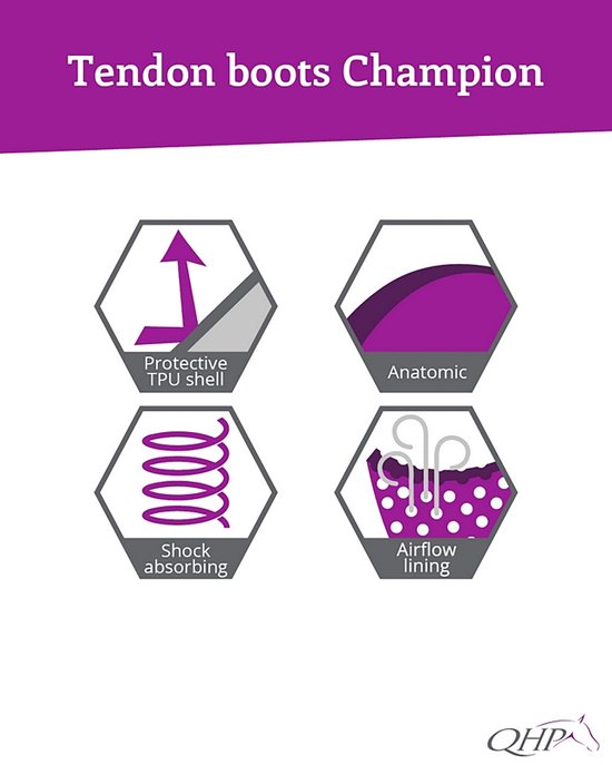 Iconen: beschermende TPU-schaal, anatomisch, schokabsorberend, met luchtstroomvoering. Tendon boots Champion.