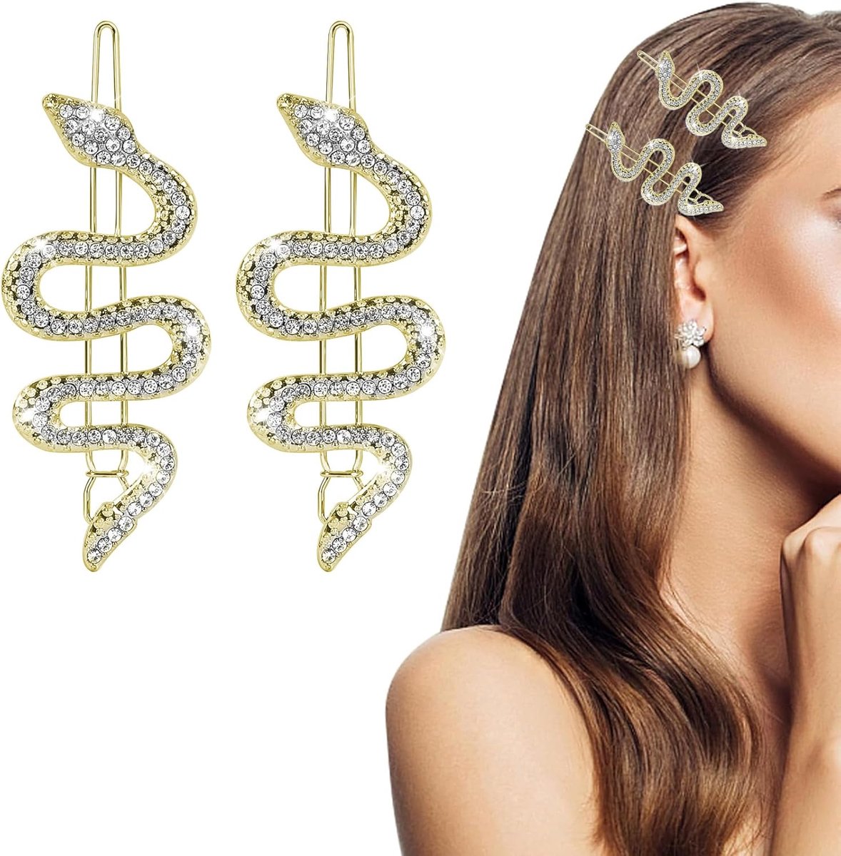 2x Glinsterende Slang Haarspeldjes Zilver & Goud - Luxe Strass Haaraccessoire