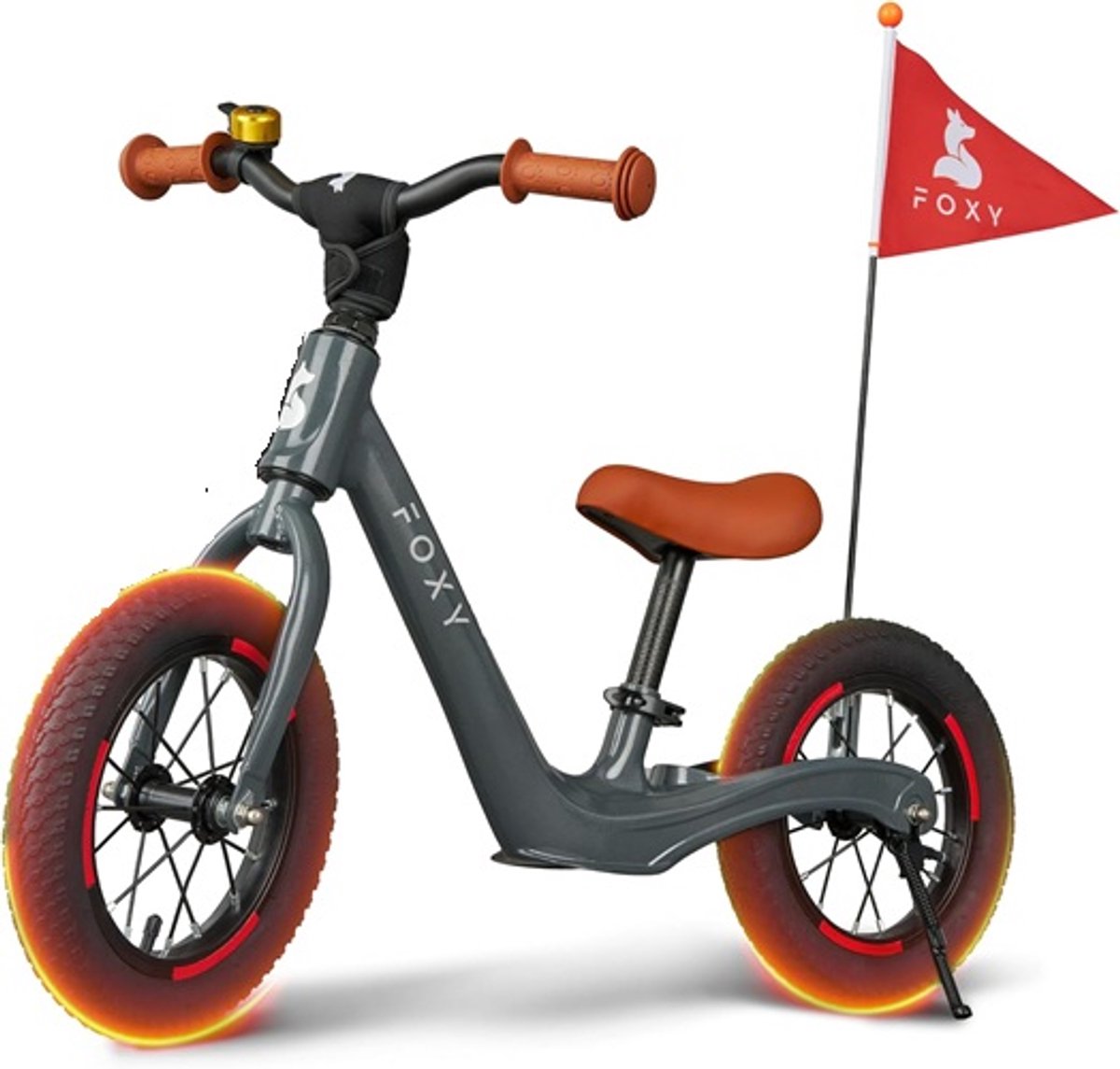 Kinder loopfiets Foxy voor kinderen vanaf 2 jaar - licht frame van magnesium met luchtbanden kleur grijs inclusief fiets standaard, bel en veiligheidsvlag