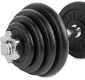 Zwarte dumbbell met gietijzeren schijven van 3 kg en een chromen sterke sluiting.