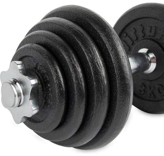 Zwarte dumbbell met gietijzeren schijven van 3 kg en een chromen sterke sluiting.