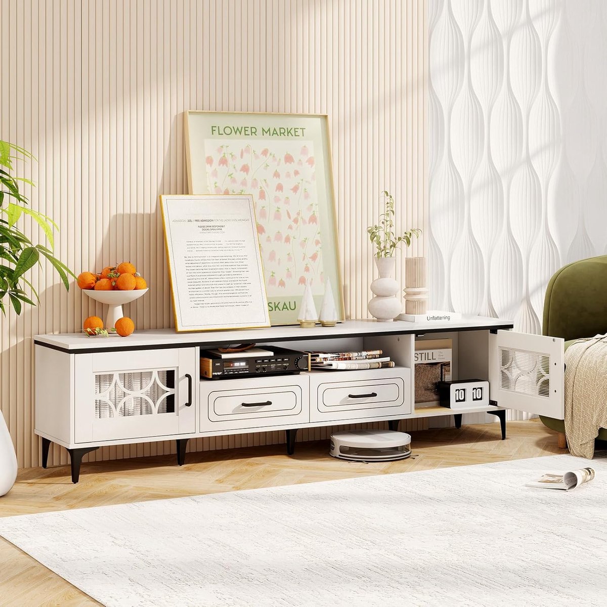 TV-meubel Lowboard Urbanhome Heritage Luxe – Extra Breed TV-kast 180 cm voor TV tot 80 inch, Met 2 Deuren, 2 Lades & Open Vak, Mid-Century Design, Antiek Wit – Voor Woonkamer & Slaapkamer
