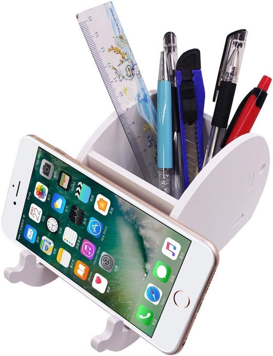 Houten Bureaublad Organizer met Telefoonhouder - Desktop Potloodhouder en Opbergbak