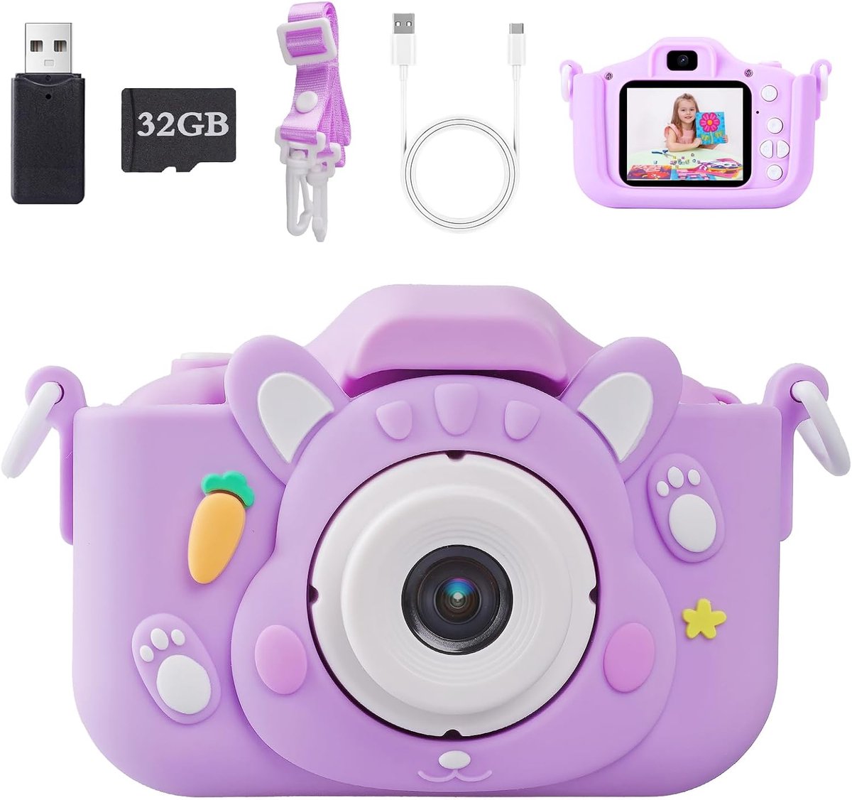 Kindercamera - 1080p HD digitale camera - 2,0 inch IPS-scherm - 28 magische fotolijstjes - educatieve spelletjes - stimuleert de creativiteit van jongens en meisjes van 3-10 jaar - konijnenpatroon.