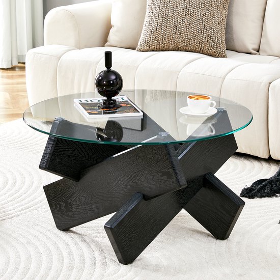 Salontafel - Ø 79 cm - Gehard Glas en Houtlook - Modern en Stijlvol ...