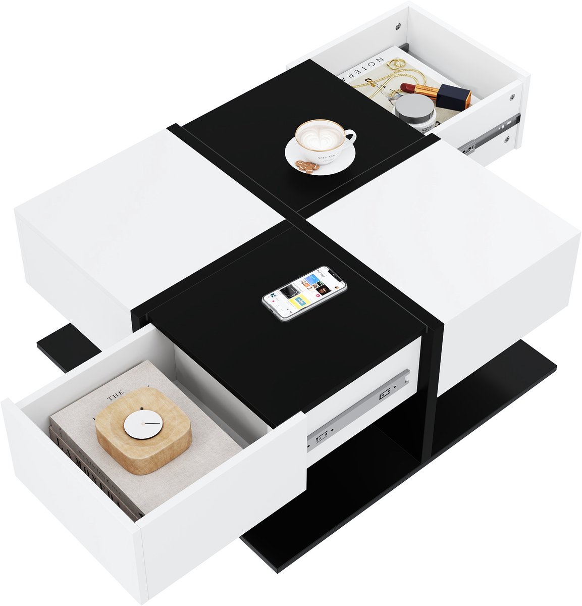 Clruro Salontafel - 70x70x35.5 cm - 2 Laden en Hoogglans - Vierkant met Opbergruimte - MDF - Zwart en Wit Zwart, Wit