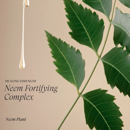 HEALING STRENGTH Neem Fortifying Complex. Een close-up van een groene neem plant met een druppel serum.