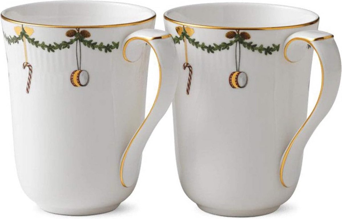 Set van 2 Kerst Mokken Porselein - Sterrenpatroon - Meerkleurig
