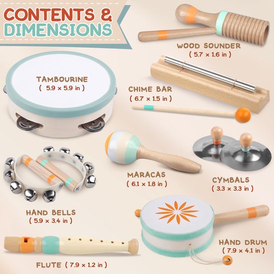 8-delige set baby-muziekinstrumenten - Montessori-muziekspeelgoed voor peuters van 1-3 jaar, houten percussie-instrumentenset, educatief muziekspeelgoed voor kleuters, cadeaus voor jongens en meisjes — afbeelding 4