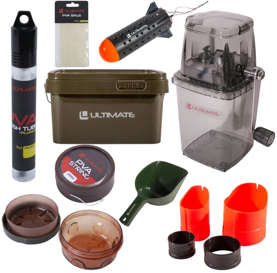 Ultimate Baiting Set Ensemble Carpe - Grinder, Crusher, Seau Pliant 10L Et Cuillère Appât