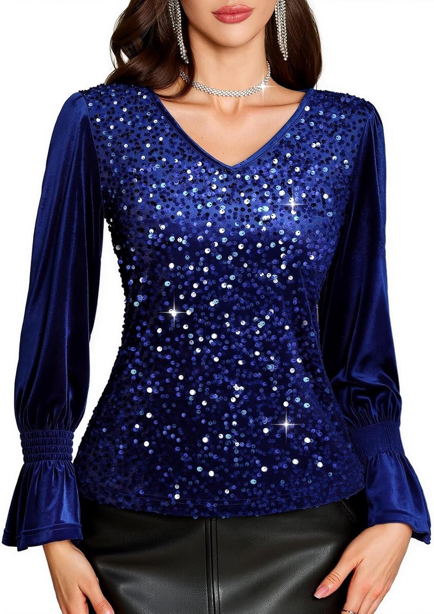 Dames Fluweel Top met Lange Mouwen en V-hals - Sprankelend Glitter Shirt voor Feest of Avond