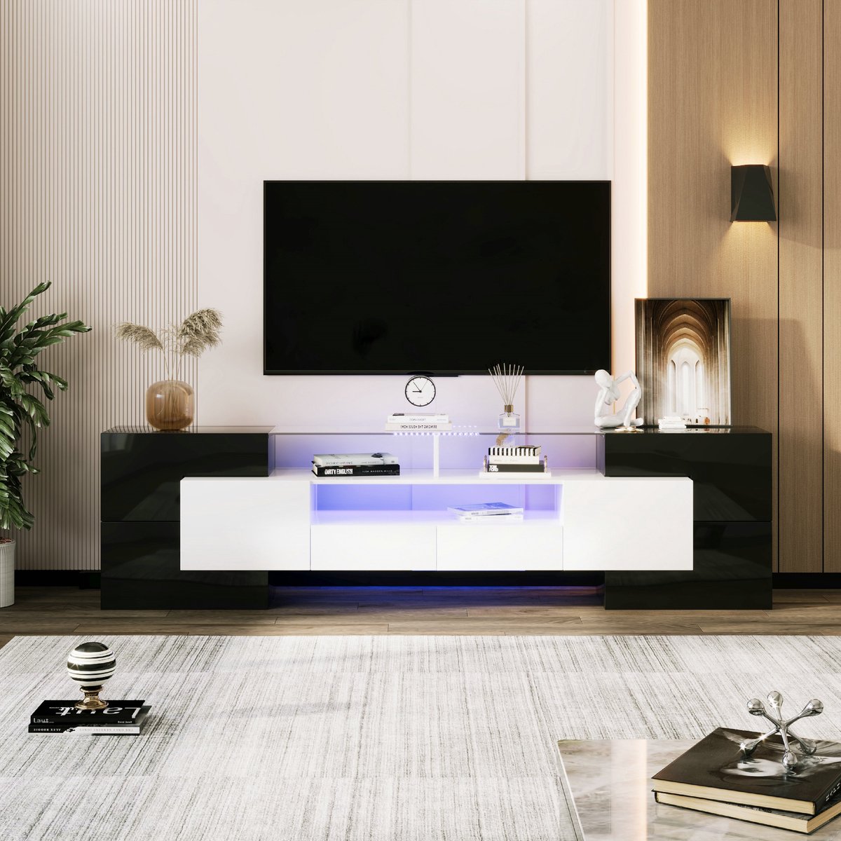 VVBV Stijlvol TV-meubel - lowboard - hoogglans, 200 cm, LED-verlichting - woonkamer meubels - modern design - elegant glazen oppervlak - wit zwart