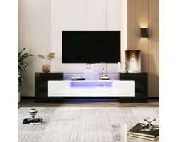 VVBV Stijlvol TV-meubel - lowboard - hoogglans, 200 cm, LED-verlichting - woonkamer meubels - modern design - elegant glazen oppervlak - wit zwart