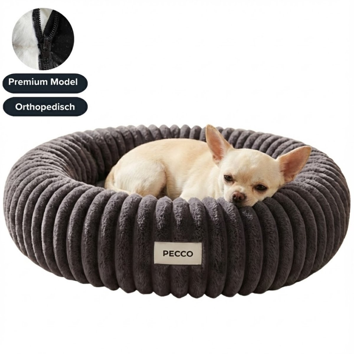 Pecco Luxe hondenmandje - Ronde kattenmand - Orthopedisch - Rond 50 cm - Donkergrijs rib