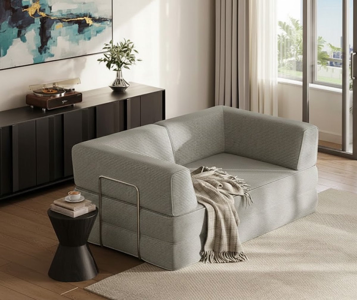 Comforto Vloersofa Slaapbank – Opvouwbare 2-Zits Bank met Rug- en Kussenondersteuning – Corduroy Stof – Inklapbaar Bed 160 cm – Woonkamer & Slaapkamer – Ruimtebesparend, Stabiel en Comfortabel House&Garden