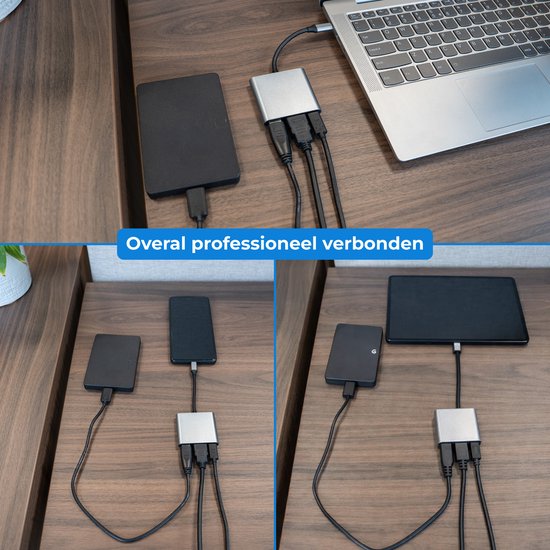 Set van 3 afbeeldingen die de Nuvance USB-C adapter demonstreren in verschillende setups met externe harde schijven, laptops en tablets.