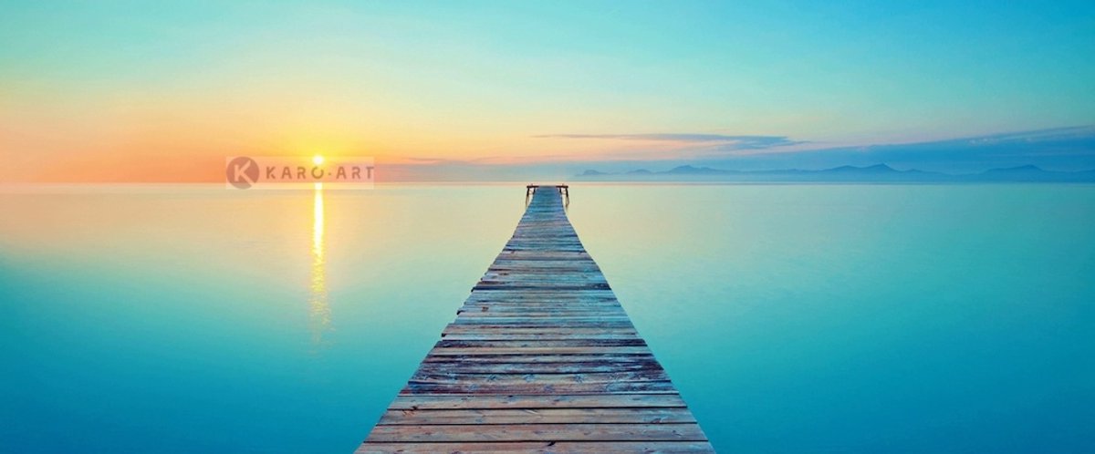 karo-art Schilderij - Verlaten pier, blauw, bruin, 2 maten , print op canvas, premium print Multikleur