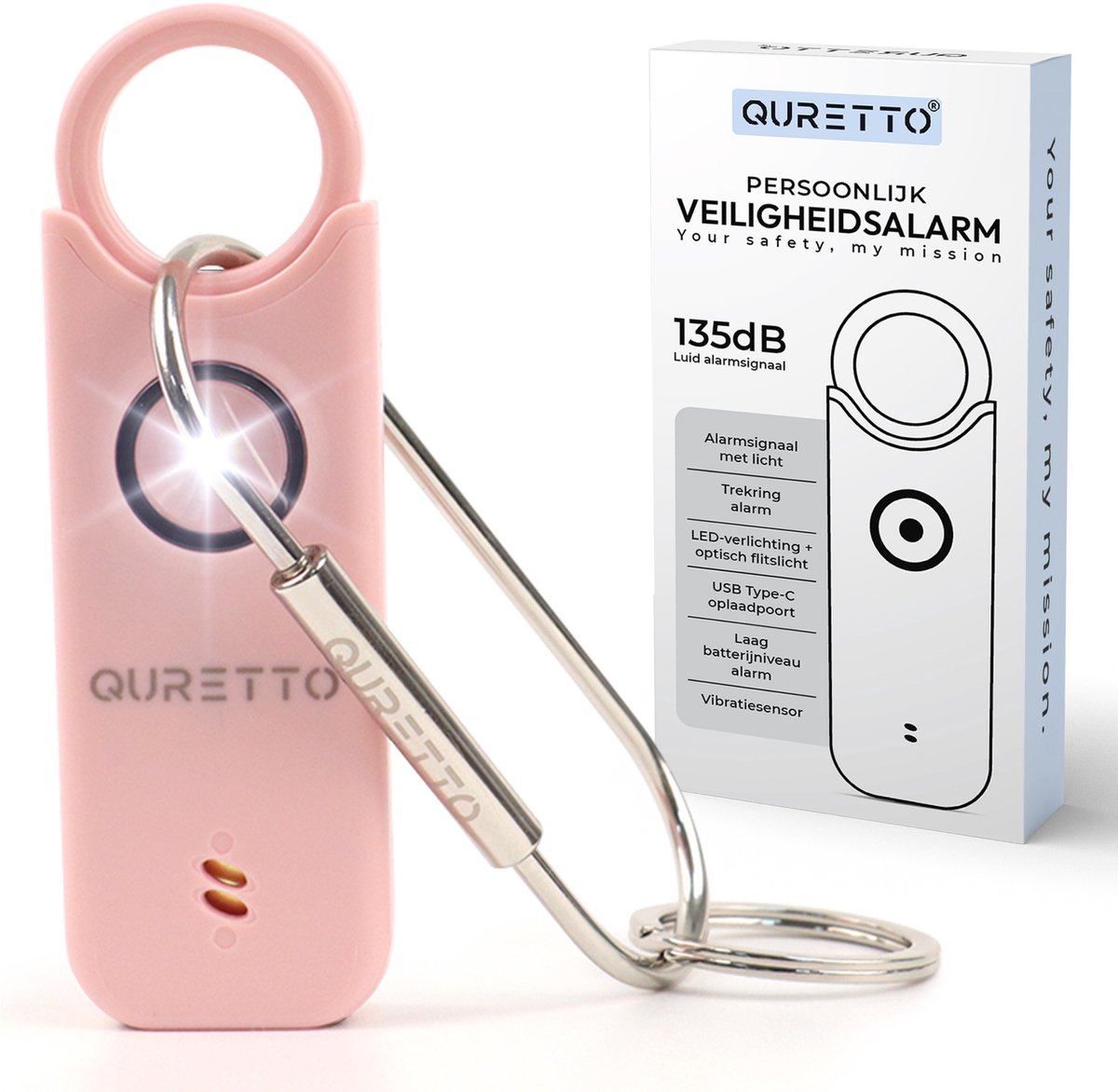 QURETTO® Persoonlijk Alarm 135 dB met Vibratiesensor – Inbraak- & Noodalarm – Veiligheidsalarm Sleutelhanger – Voor Vrouwen, Ouderen & Kinderen – Zelfverdediging & Wolvenverjager – USB-C Oplaadbaar met LED Zaklamp – Alarmknop