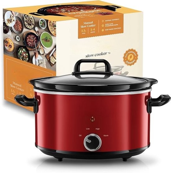 Aurixi® Slowcooker met timer - Slowcooker - Crockpot - Rood - ‎30cm x 22cm x 31cm