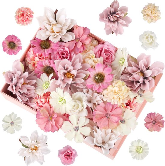 SOMYTING 48 stuks kunstbloemen om te knutselen, 2 ~9 cm bloemen om te knutselen, mini-decoratie, kunstbloemen van zijdebloemen voor feest, doe-het-zelf, bruid, bruiloft, bloemstukken, combo decoratie