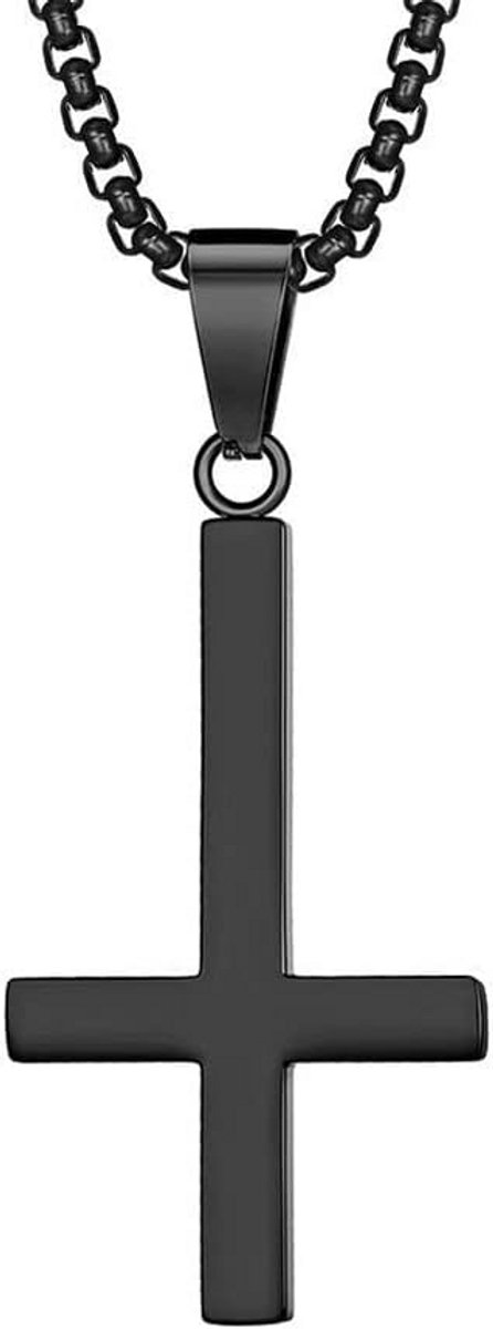 Heren RVS Omgekeerd Kruis Hanger met Halsketting - Zwart, Goud of Zilver