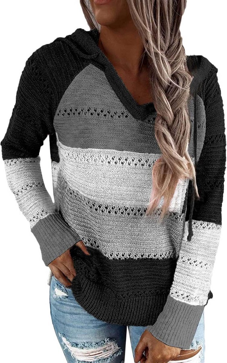 Dames Hoodie met Kleurblokken en Strepen - Comfortabele Trui met Lange Mouwen