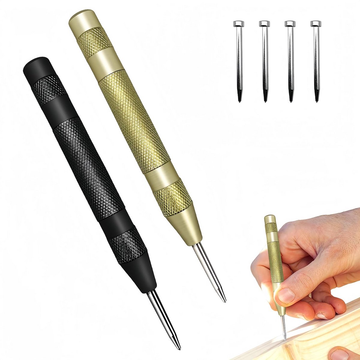 2x Automatische centerpons set met 4 doorgangspennen voor hout, metaal en muur