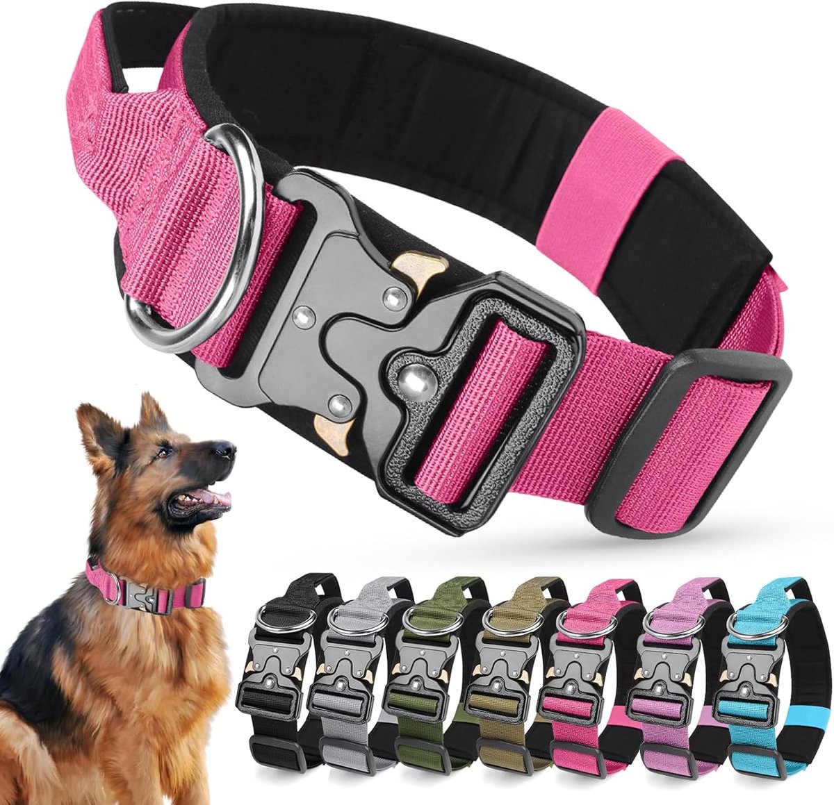 Tactische halsband, gewatteerde verstelbare polypropyleen zachte halsbanden, zwaar belastbare, ademende, sterke trainingshondhalsband met handvat en robuuste metalen gesp (roze, L)
