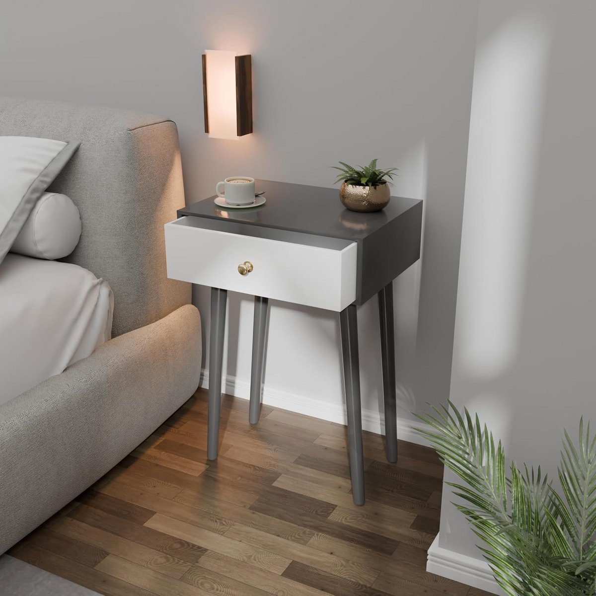 Nachtkastje met Lade en Houten Poten | Compacte Bijzettafel Slaapkamer
