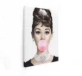 Artaza Canvas Schilderij Vrouw Audrey Hepburn - 90x120 cm - Wanddecoratie Vintage - Muurdecoratie Woonkamer - Decoratie Roze Kauwgombel