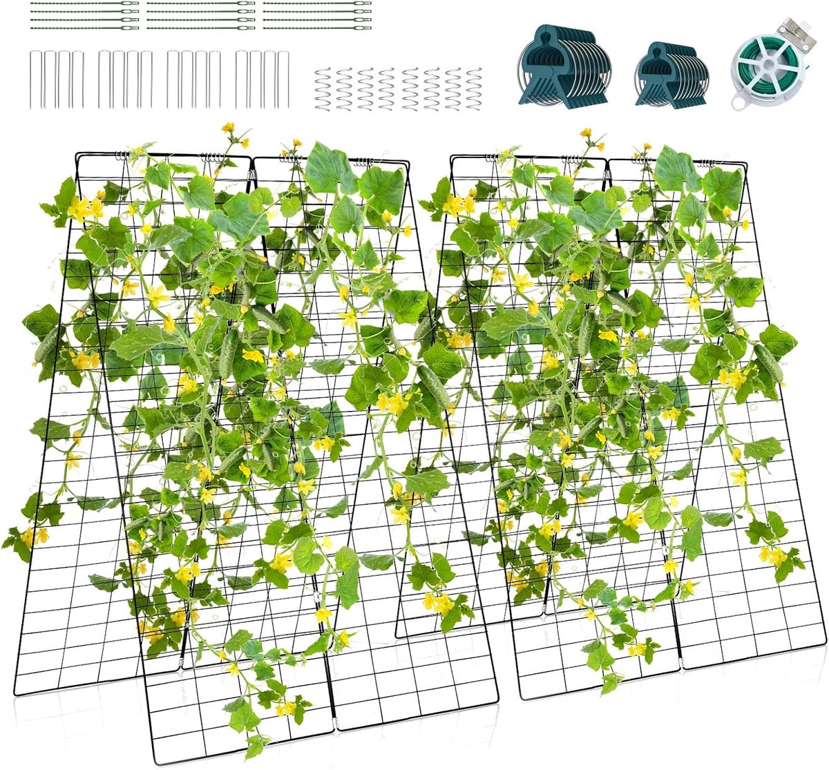 KOMFOTTEU 2-delige komkommerhekjes, tuinhekwerk voor klimplanten, groenten en bloemen, stabiele A-vormige plantendrager met complete accessoireset, robuuste plantenlaties, 128 x 86 cm