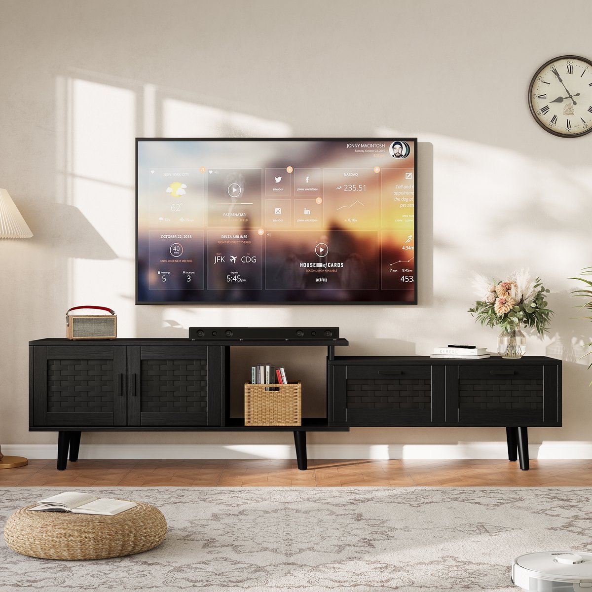 Uitschuifbare Houten TV-Meubel - Geschikt voor Tot 75" TV, TV-kast TV-standaard, Rotan Weefsel Design met 2 Laden en 2 Deuren, 169x30x44 cm, Zwart