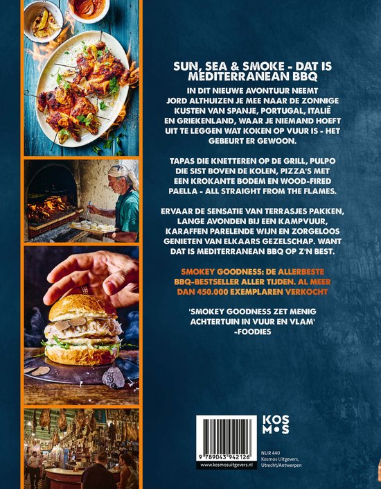 Collage van gerechten: gegrilde kip, burger, en een bar. Met tekst 'Sun, Sea & Smoke - Dat is Mediterranean BBQ'.