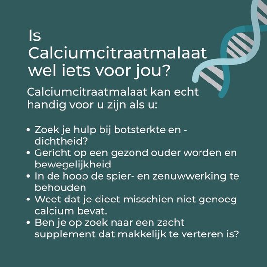 Tekst over de voordelen van calciumcitraat malaat, zoals hulp bij botsterkte en vertering.