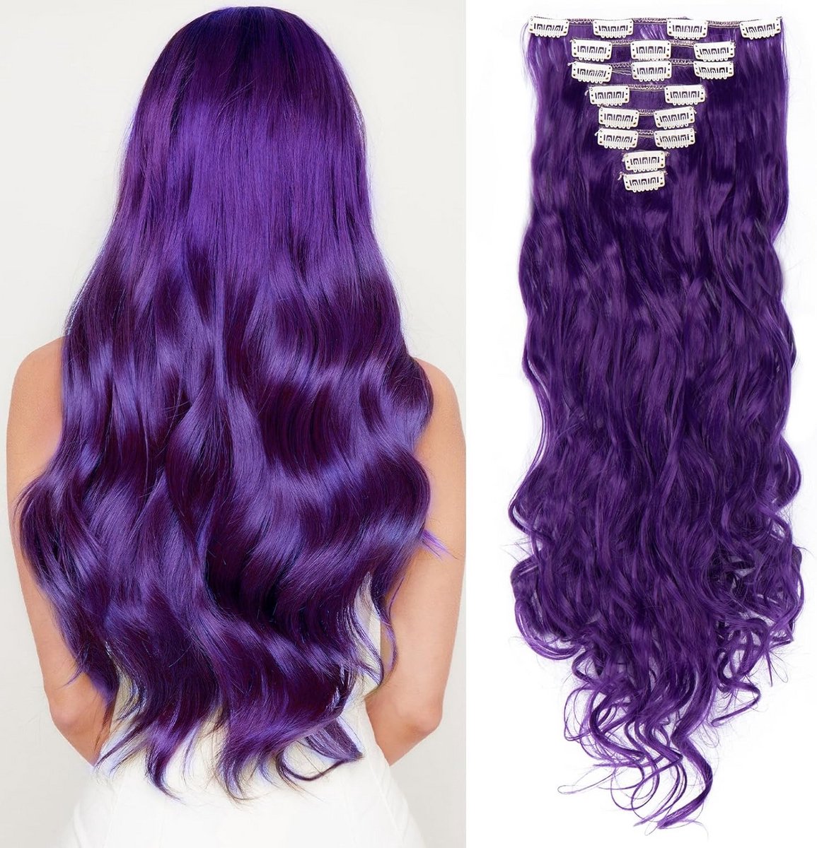 Clip In Extensions - Haarstuk Dames - Voller Haar - 8 Delig Set - 60cm Lang - Paars