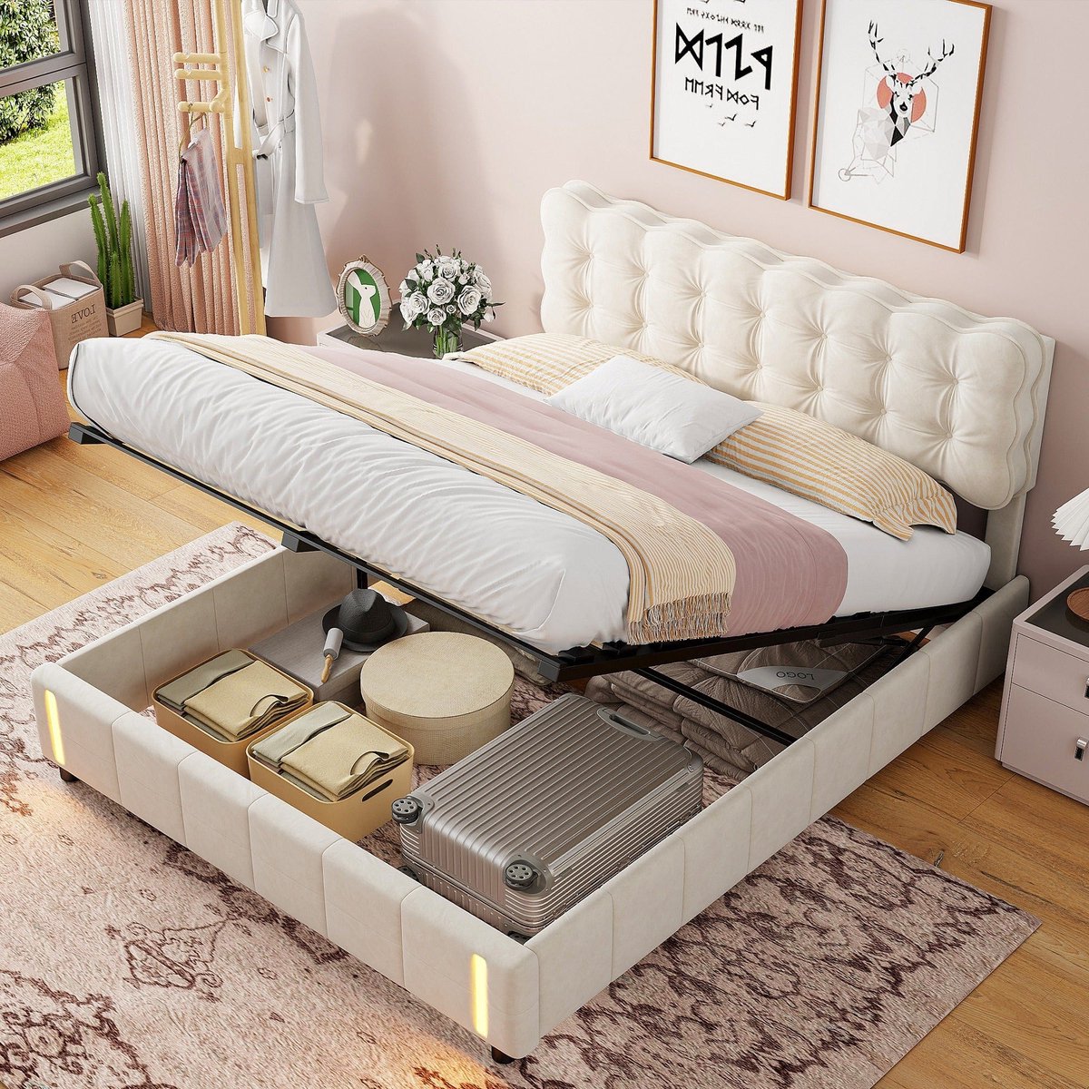 Gestoffeerd Bed – Opbergbed – Tweepersoonsbed – Bedframe – Hydraulisch Opbergbed – 140x200 cm – Fluweel Beige – Met Opbergruimte Onder Bed