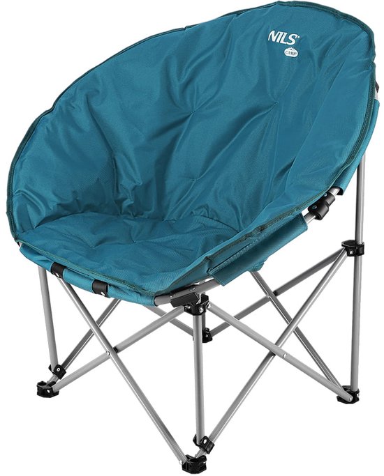 Opvouwbare turquoise NILS CAMP stoel, van de zijkant gezien, met een metalen frame.