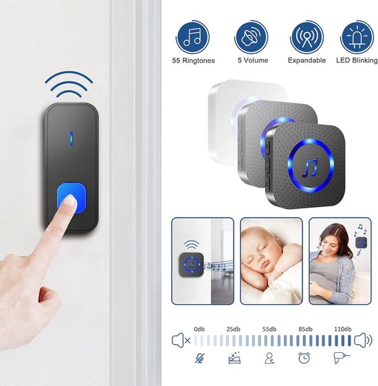 Draadloze Deurbel voor Meerdere Kamers - 400m Bereik Waterdicht - 55 Melodieën met LED-flits - 1 Drukknop & 2 Stekkerontvangers - Wit/Zwart - 1 Set — afbeelding 5