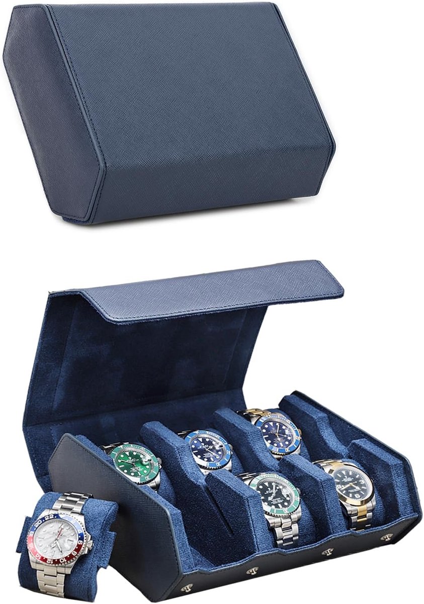 Hexagon Watch Case - Saffiano Leather - 6-Slot Watches Protective Storage Case - Watch Display Organizer voor Mannen - Blauw
