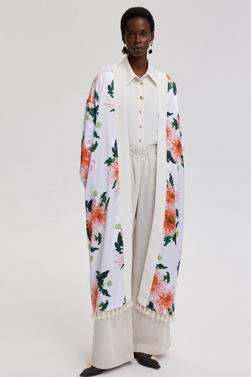 Touché Privé - Kimono met bloemenprint en franjes - Crème - Dames