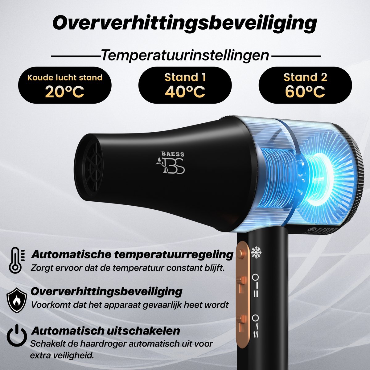 BAESS Föhn met Diffuser - Ionische Haardroger - Retro Zwart - afbeelding 2