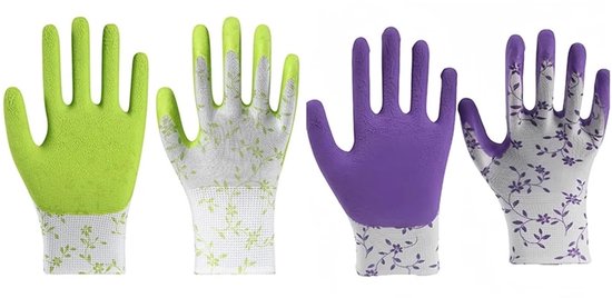 Groene en paarse tuinhandschoenen met bloemenprint op de manchet.