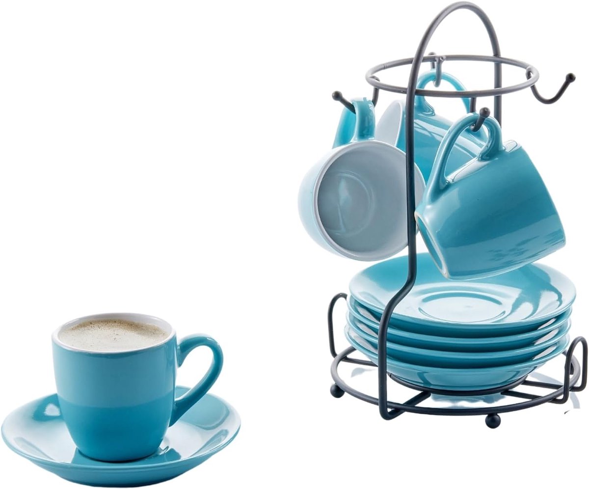 Set van 8 Blauwe en Witte Espresso Kopjes en Schotels met Opbergrek