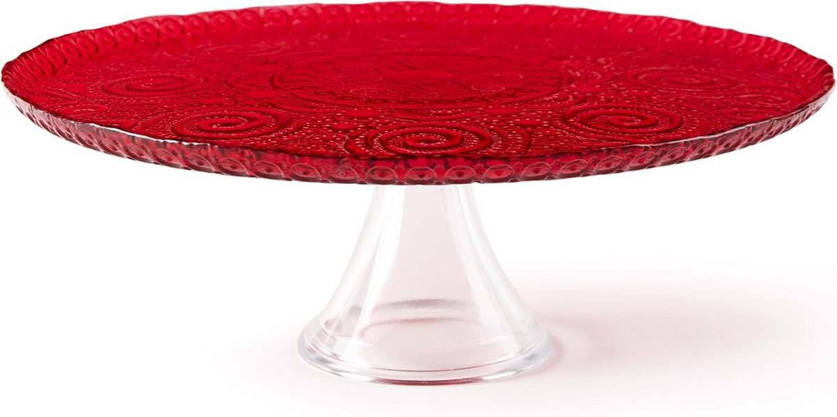 Glazen taartstandaard rood Arabesque 31 cm hoogte 10 cm