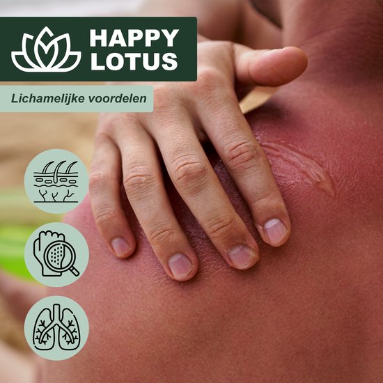 Hand op rug met zonnebrand. Icons voor huid, vergrootglas en longen. "Happy Lotus Lichamelijke voordelen".