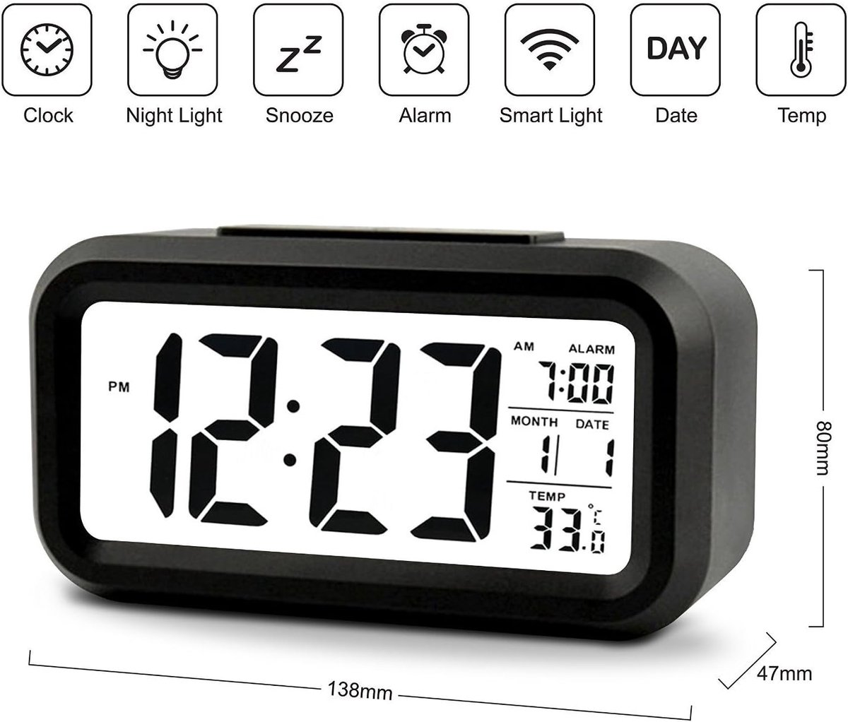 Slimme digitale wekker met groot scherm, datum en temperatuur - 5,3 inch LED-alarmklok met snooze, lichtsensor en nachtverlichting