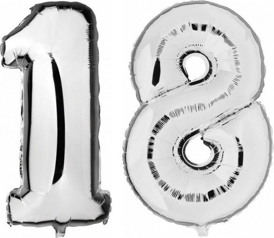 18 jaar zilveren folie ballonnen 88 cm leeftijd/cijfer - Leeftijdsartikelen 18e verjaardag versiering - Heliumballonnen